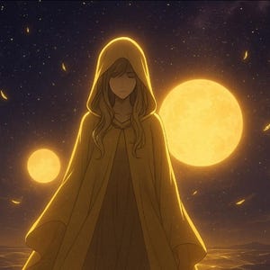 May include: An illustration of a person in a yellow hooded cloak standing before two large, glowing orbs. The background is a starry night sky with additional glowing shapes. The overall theme is fantasy and celestial.