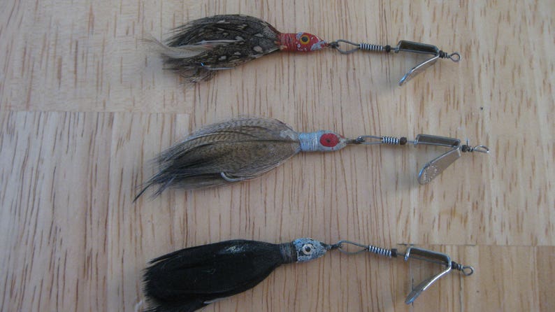 3 Lot Baby Weezel Feather Minnow Fly Rod Size collectible