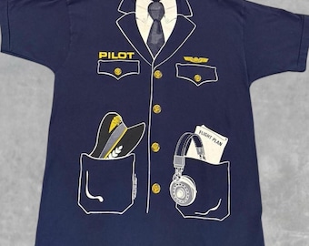 Vintage 80s Pilot T-Shirt Airplane Blue XL 1981 All Over Print Single Stitch