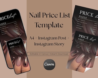 Redigerbar mall för nagelteknikerprislista, Instagram och utskrivbar A4 (digital nedladdning av Canva)