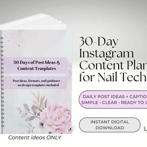 Peut inclure: Un plan de contenu numérique pour les techniciennes ongulaires. La couverture du livre à spirales affiche le texte "30 Days of Post Ideas & Content Templates". Le texte supplémentaire comprend "Post ideas, formats, and guidance" et "Content ideas ONLY".