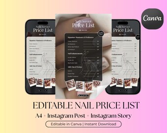 Redigerbar mall för nagelprislista | Canva-design (A4, Instagram) (digital nedladdning)