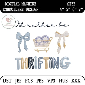 Diseño de bordado "Prefiero ir de compras de segunda mano", archivo de cita estética de compras de segunda mano, bordado vintage de carrito de compras de segunda mano, descarga instantánea