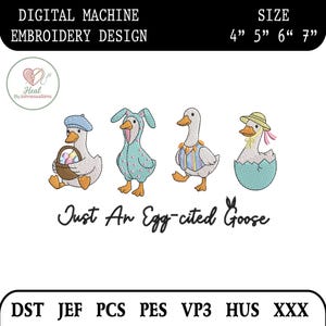 Silly Goose Easter Embroidery Design, Just An Egg-cited Goose Machine Embroidery File, Coquette Egg Retro Brushstroke Emb, Cute Easter Goose