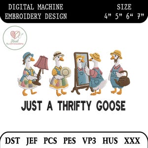 Archivo de diseño de bordado "Just A Thrifty Goose", patrón de bordado "Grandma Goose Thrifting", compras de segunda mano en Coquette, descarga digital