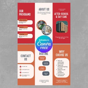 May include: A colorful flyer with sections for programs, about us, after-school & day care, contact information, routine, and why choose us. The flyer is designed to support a positive learning experience for children.