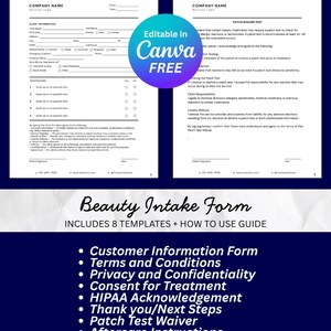 Editable Beauty Service Intake Form with Client Info, Consent + Patch Test Waiver + Aftercare