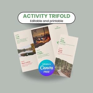 Può includere: Un opuscolo a tre ante con il testo "ACTIVITY TRIFOLD" e "Editable and printable". L'opuscolo presenta immagini di un lago, un falò e un sentiero nella foresta. Include il testo "Craft Class", "Open Activity", "Closing Campfire", "Open Boating" e "Snack Break".