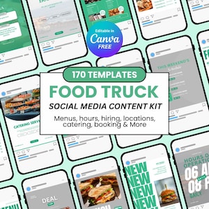 May include: A collection of smartphone mockups displaying food truck social media templates. The templates include menus, booking information, and promotional offers. The image features the text "170 TEMPLATES FOOD TRUCK SOCIAL MEDIA CONTENT KIT".