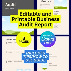 May include: A digital business audit report template with a light beige background. The report includes sections for an overview, key metrics, and a guide. The design features green and blue accents, with the text "Editable and Printable Business Audit Report."