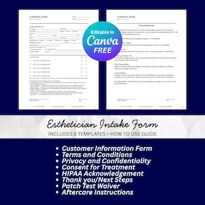 Editable Esthetician Service Intake Form with Client Info, Consent + Patch Test Waiver + Aftercare