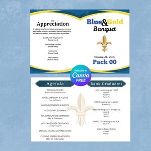 Könnte beinhalten: Einladung zum blau-goldenen Bankett mit einem Lilien-Emblem. Die Einladung enthält eine Tagesordnung, Rangabsolventen und den Text "Editable in Canva FREE."