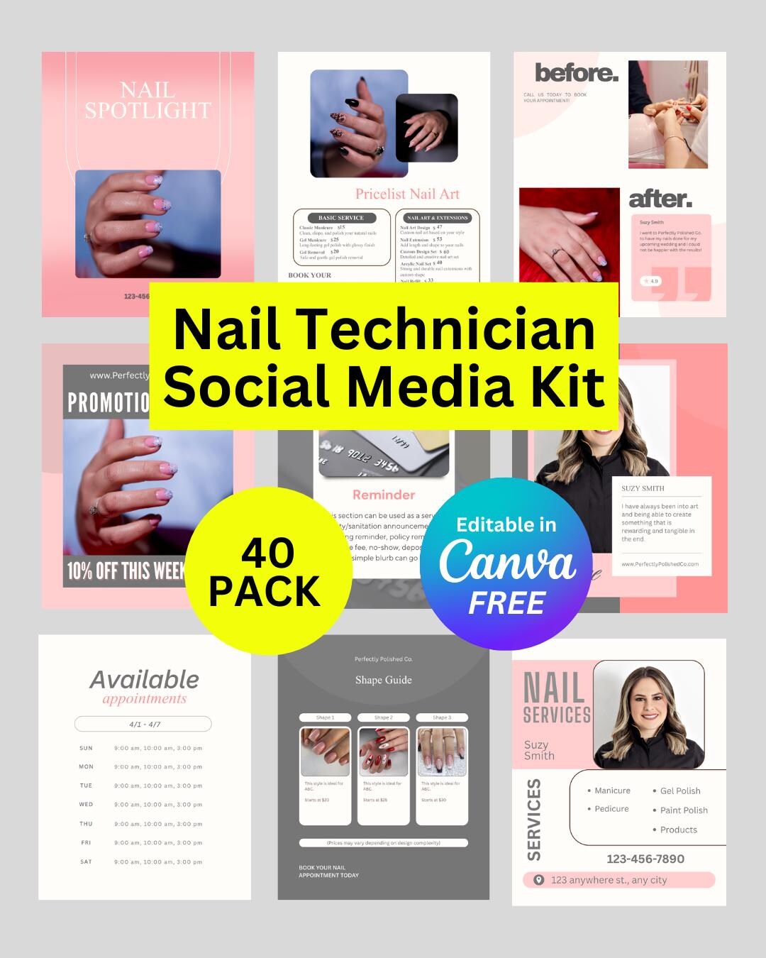 Nail Tech Social Media Canva Templates | 40 Nail Salon Marketing Posts ...