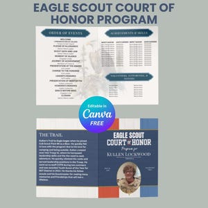 May include: An Eagle Scout Court of Honor program template featuring a blue and white design with text sections for order of events, achievements, and a personal biography. It includes a circular photo placeholder and a Canva editable badge.