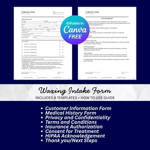 May include: A digital waxing intake form template set featuring two white document pages with black text, including fields for client information and a patch waiver test. A circular blue and purple badge reads Editable in Canva FREE.