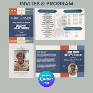 Op de afbeelding: Een uitnodiging en programma voor een Eagle Scout Court of Honor. Het ontwerp heeft een patriottisch kleurenschema van blauw, rood en wit, met tekst en afbeeldingen die verband houden met het evenement. Bevat een foto van de geëerde.