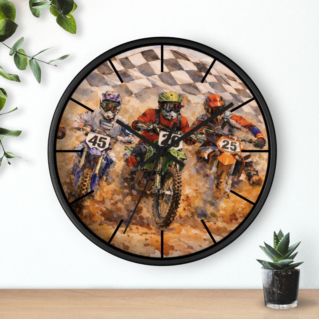 Dirt Bike Racers Wall Clock | Dirt Bike Racing Artwork, Checkered Flag ...