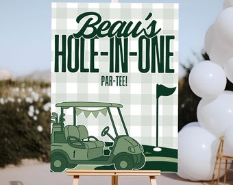 Golf Erster Geburtstag Willkommensschild | Hole in One Geburtstagsposter | Bearbeitbare Canva Vorlage