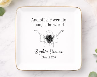Daughter Graduation Jewelry Dish, Personalized Graduate Gift, And Off She Went to Change the World Gift, Class of 2026 Gift, MM-JT468704