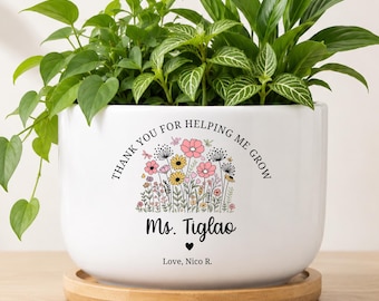 Personalized Teacher Ceramic Pot Planter, Thank You for Helping Me Grow Planter, Teacher Appreciation Gift, Teacher Gift MM-CFP90283