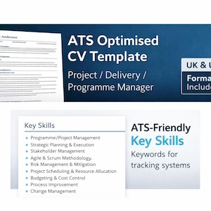 Puede incluir: Gráfico azul y blanco que promociona una plantilla de CV optimizada para ATS para gerentes de proyectos, entregas y programas. Incluye formatos del Reino Unido y EE. UU. Se enumeran las habilidades clave.
