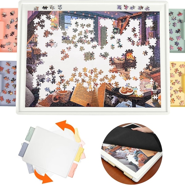 1000 Pieces Rotating Plastic Puzzle Board with Drawers and Cover, 30"x22" Portable Spinning Jigsaw Puzzle Table