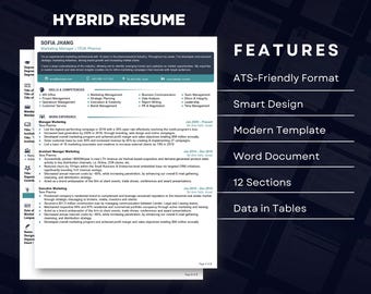 以下が含まれることがあります： 上部に「HYBRID RESUME」というテキストが入った、白と黒のハイブリッド履歴書のテンプレート。履歴書には、スキル、職務経験、ATS対応フォーマットやモダンテンプレートなどの機能のセクションが含まれています。