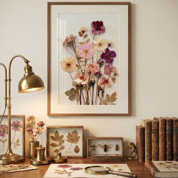 Arte con flores prensadas / Arte botánico para pared / Lámina floral antigua / Lámina de flores secas enmarcada o sin enmarcar