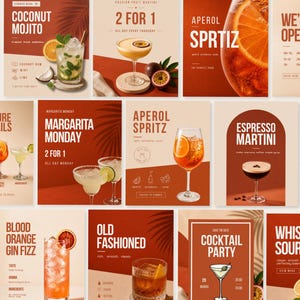 May include: A collection of cocktail menu cards featuring various drinks like Coconut Mojito, Aperol Spritz, Espresso Martini, Margarita, and Whisky Sour. Each card displays text, drink names, and illustrations of cocktails in glassware.