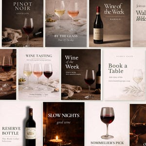 May include: A collection of social media graphics featuring wine bottles, various wine glasses filled with red, white, and rose wine, candles, and cheese boards. The text includes phrases like Wine of the Week, Happy Hour, Book a Table, and Slow Nights.