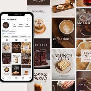 Könnte beinhalten: Ein Smartphone zeigt die Instagram-Profilseite von Cafe Reverie, einem Café und einer Bäckerei. Der Bildschirm zeigt ein Raster von Beiträgen mit Kaffeegetränken, Schokoladenkuchen und Gebäck sowie Profilstatistiken und Navigationssymbole.