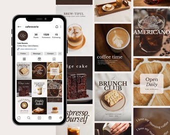 以下が含まれることがあります： カフェとベーカリーであるCafe ReverieのInstagramプロフィールページを表示したスマートフォン。画面には、コーヒー、チョコレートケーキ、ペストリーの投稿グリッド、プロフィール統計、ナビゲーションアイコンが表示されています。