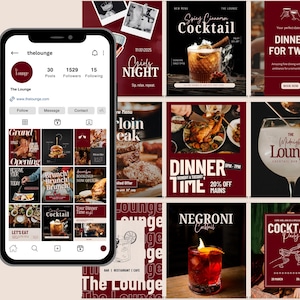以下が含まれることがあります： スマートフォンには、レストランのInstagramプロフィールが表示され、さまざまなプロモーション投稿が掲載されています。投稿では、カクテル、料理、イベント（「Girls Night」や「Dinner for Two」など）が宣伝されています。レストランのロゴが表示されています。
