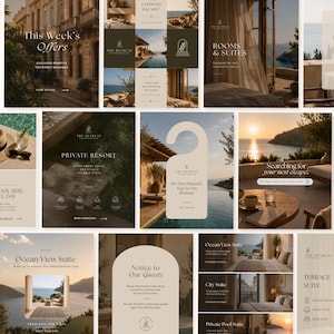 Puede incluir: Una colección de plantillas de marketing digital para un resort de lujo, con paletas de colores beige y verde oscuro, tipografía elegante e imágenes de vistas al mar, piscinas, suites de hotel y un colgador de puerta con el texto Do Not Disturb.