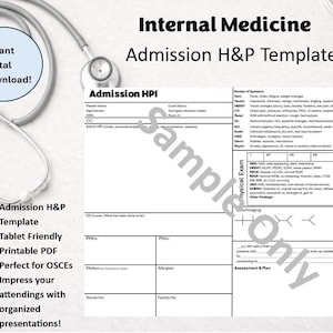 Puede incluir: Una plantilla de descarga digital para la admisión de Medicina Interna H&P. La plantilla es compatible con tabletas e imprimible en formato PDF. La imagen incluye un estetoscopio y el texto "¡Descarga digital instantánea!"