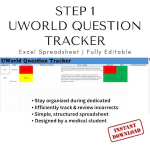 May include: A digital spreadsheet labelled "UWorld Question Tracker" with the text "Excel Spreadsheet | Fully Editable." The image includes a red "Instant Download" stamp and bullet points: "Stay organised," "track & review incorrects," and "simple, structured spreadsheet."