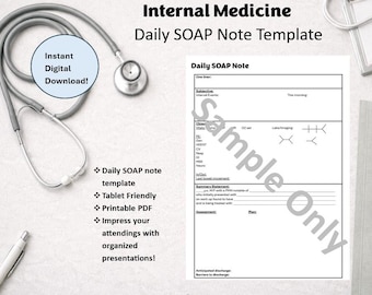 Modello di nota SOAP giornaliera di medicina interna per studenti di medicina, PA e NP / Note sui progressi dei pazienti ricoverati / PDF stampabile