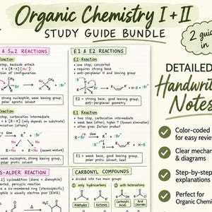 May include: An Organic Chemistry I + II study guide bundle featuring detailed handwritten notes. The document includes color-coded diagrams and explanations for SN1, SN2, E1, E2, Diels-Alder reactions, and carbonyl compounds with chemical structures.
