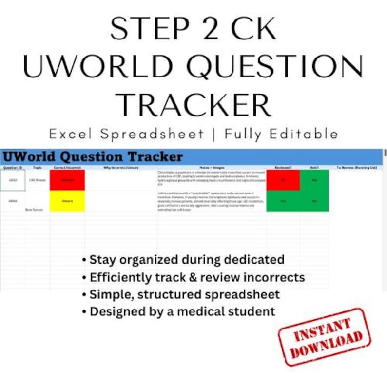 Uworld Step 2 CK Question Tracker | Editable Excel Spreadsheet (digital ...