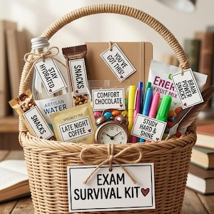 Pode incluir: Uma cesta de vime trançado com a etiqueta EXAM SURVIVAL KIT contendo uma garrafa de água artesanal, barras de lanche, um caderno, um pequeno despertador analógico, canetas coloridas e um saco de frutas, com etiquetas e mensagens motivacionais.