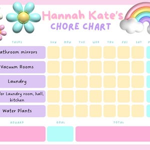 Könnte beinhalten: Ein rosa Aufgabenplan mit dem Text "Hannah Kate's CHORE CHART". Die Tabelle enthält Aufgaben wie "Badspiegel" und "Wäsche". Dekorative Elemente sind Blumen und ein Regenbogen.