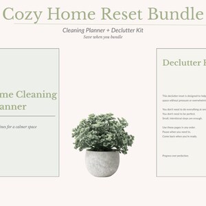 Könnte beinhalten: Ein Cozy Home Reset Bundle mit einem Reinigungsplaner und einem Entrümpelungs-Kit. Das Bild zeigt zwei hellgrüne rechteckige Papierbögen mit Text und eine kleine Topfpflanze. Der Text links lautet "Cozy Home Cleaning Planner". Der Text rechts lautet "Declutter Reset".