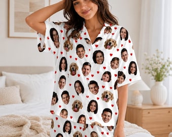 Custom Face Pajama Set for Women, Personalized Photo Pajamas with Face, Short Sleeve PJs, Pet Face Pajamas, Gift for Her, Mom Gift