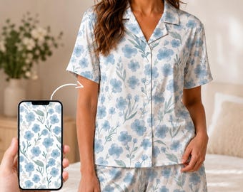 Custom Pajamas From Your Photo or Design, Personalized Short Sleeve Pajama Set, Bridal Party Getting Ready PJs, Gift for Her