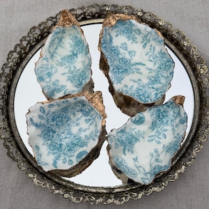 Handmade Decoupage Oyster Shell | Blue Floral Chinoiserie Trinket Dish | Gold Gilded Catch