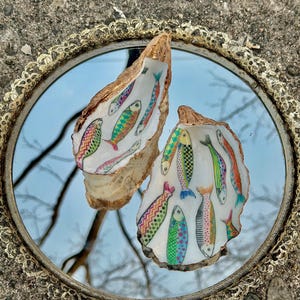 Hand Decorated Oyster Shell | Colorful Sardine Trinket Dish | Gold Gilded Catch
