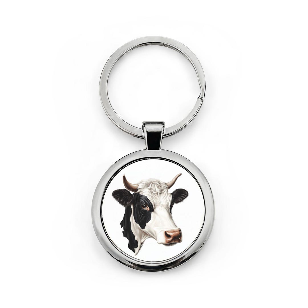 Cow Portrait Round Stainless Steel Keychain | Farm Animal Keyring - Etsy