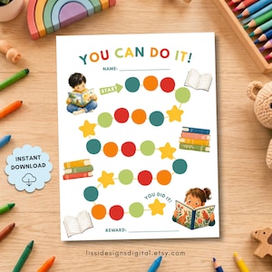 May include: A reading progress chart titled YOU CAN DO IT! featuring a winding path of colorful circles and stars, illustrations of children reading books, stacks of books, and blank lines for a name and reward. The text lissidesignsdigital.etsy.com is at the bottom.