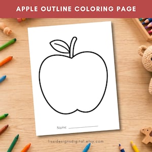 May include: A white coloring page featuring a bold black outline of an apple with a single leaf. The text APPLE OUTLINE COLORING PAGE appears at the top, while the word Name: followed by a line is printed at the bottom of the page.