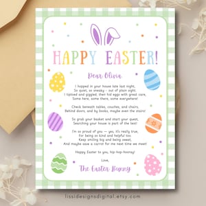 May include: A pastel Easter greeting card with a green and white checkered border. The card features the text "HAPPY EASTER!" and a poem from The Easter Bunny, along with colorful Easter eggs and bunny ears.